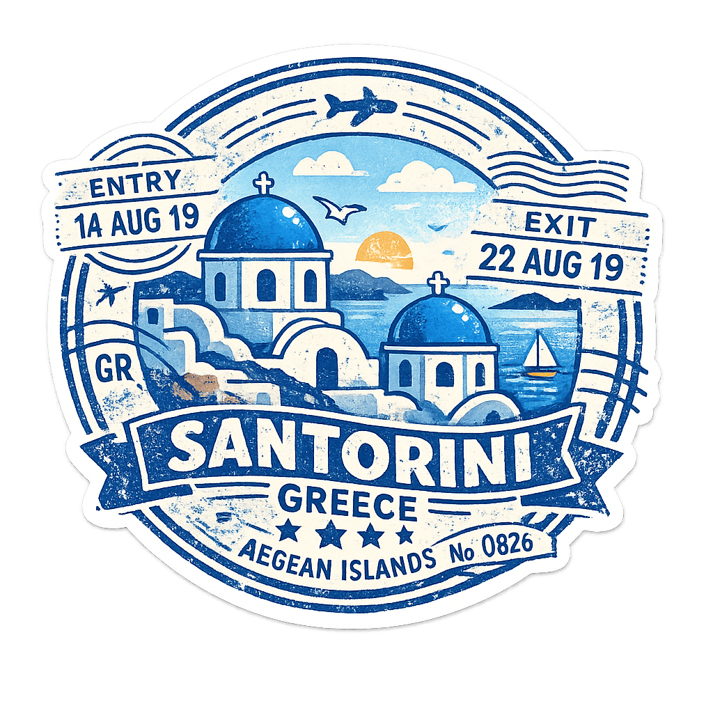 Santorini Greece Vintage Passport Stamp Sticker – Aegean Islands Travel Badge